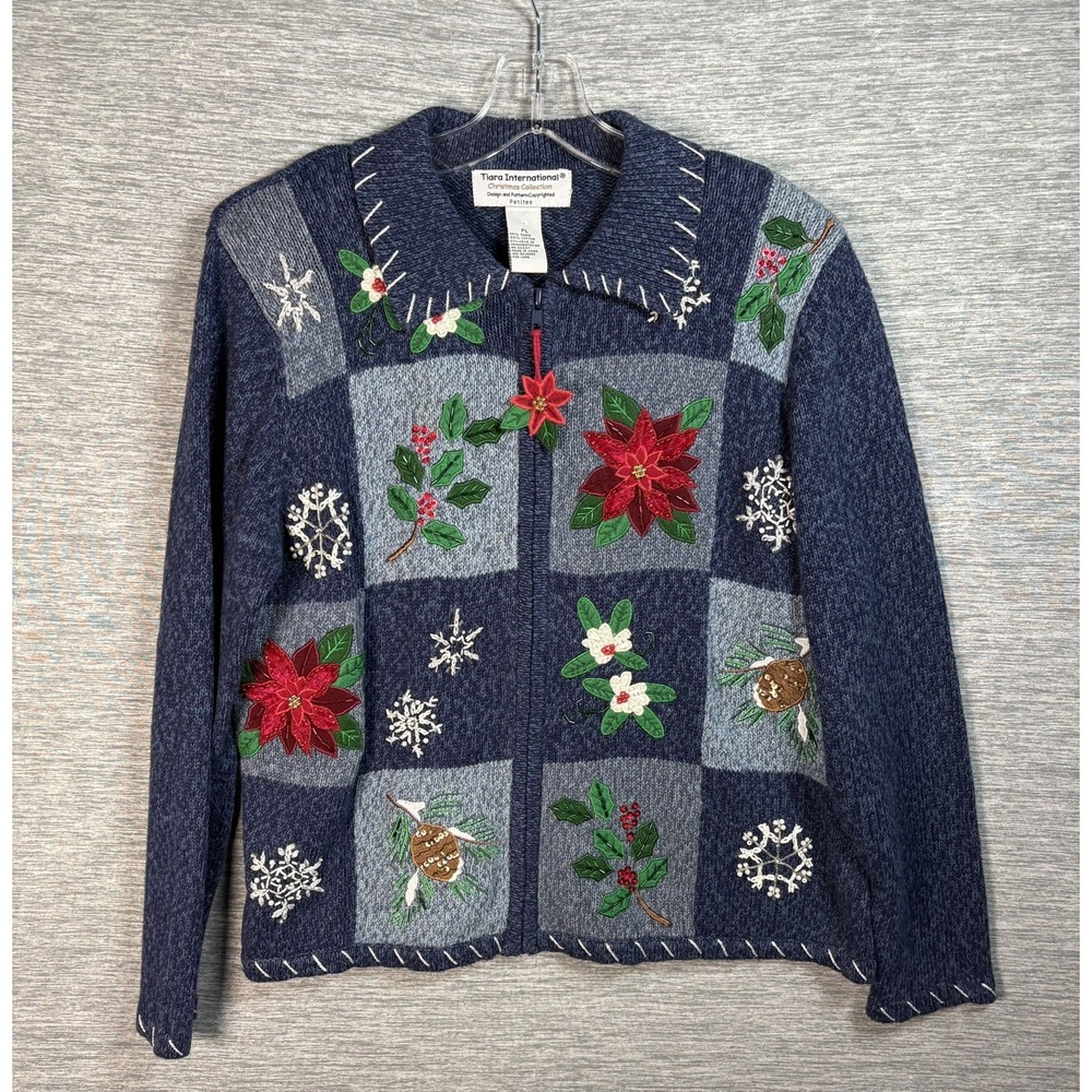 Vintage Tiara International Christmas Sweater Cardigan Women PL Petite Large Zip
